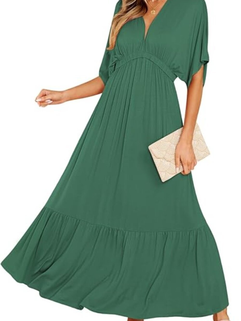 Deep Self Women’s Summer V-Neck Batwing Short Sleeve Green Maxi Dress Small